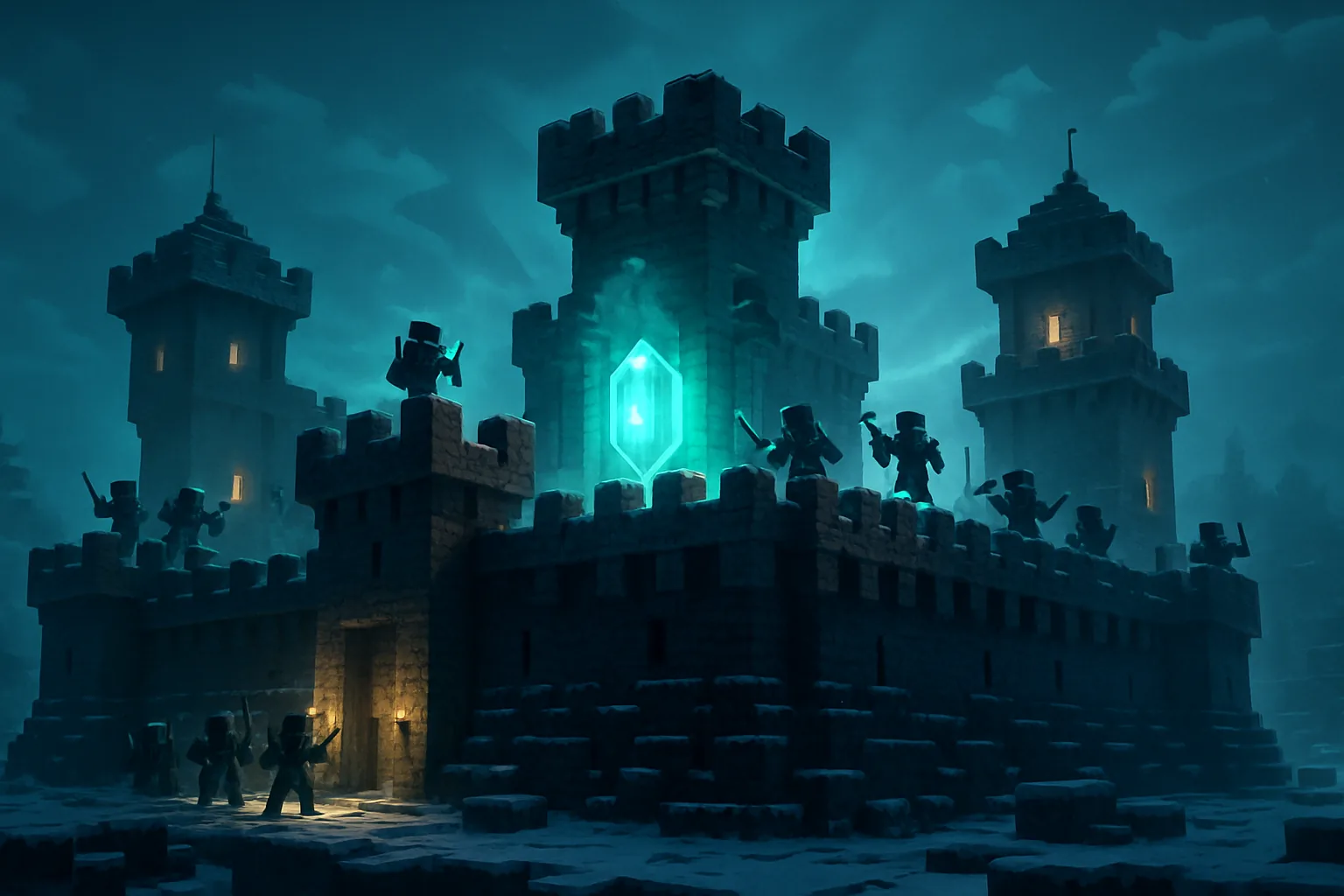 A fortified Tribe base with a glowing Vault Core